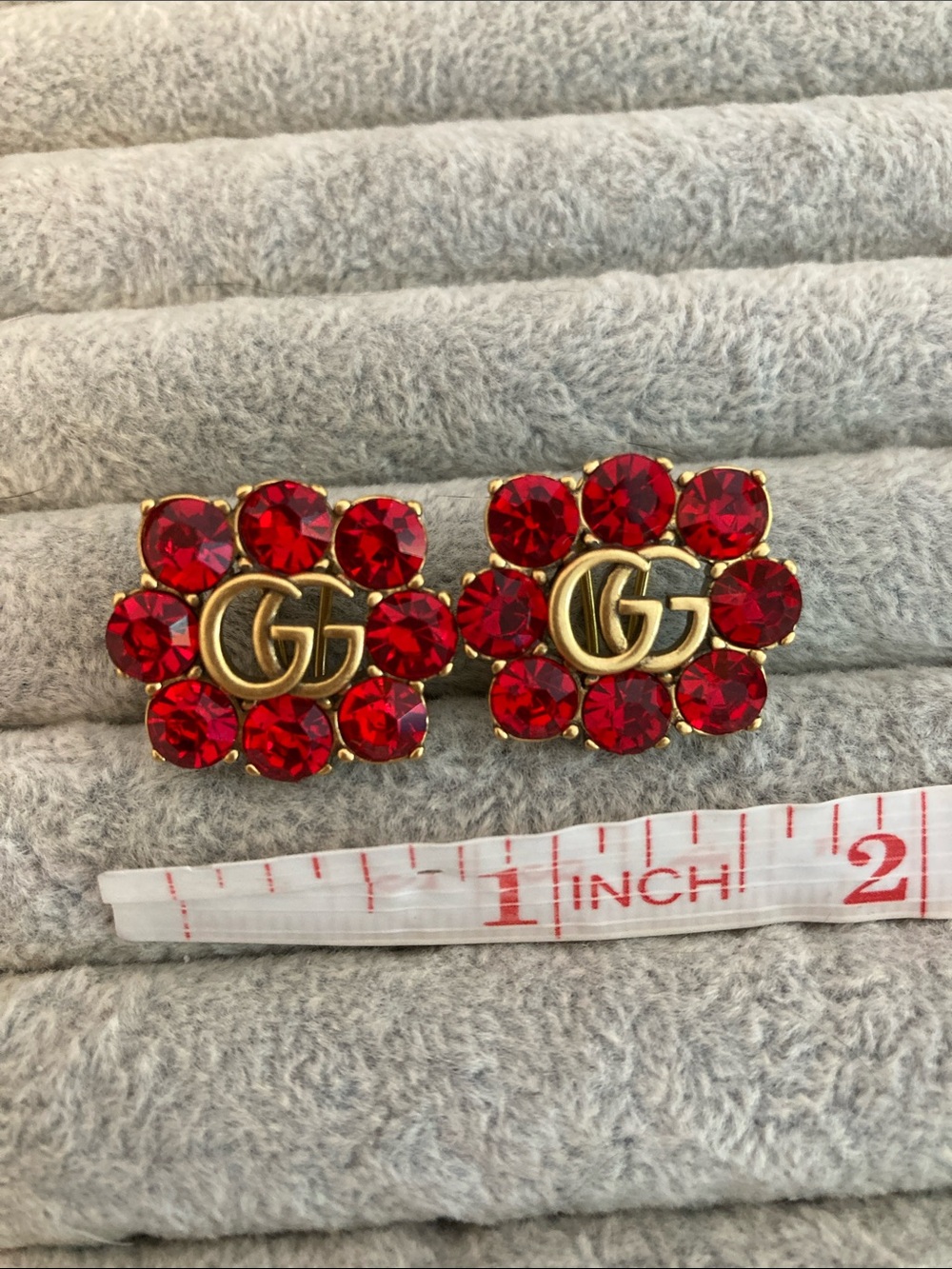 Gucci Gold-Tone GG Red Crystal Floral clip-on earrings